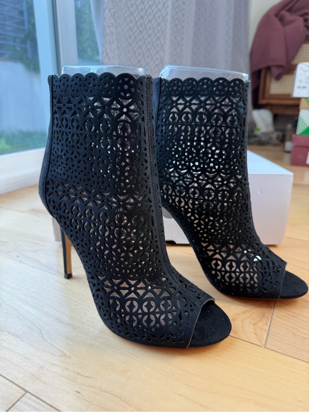 Aldo Black Laser-Cut Peep Toe Stiletto Booties